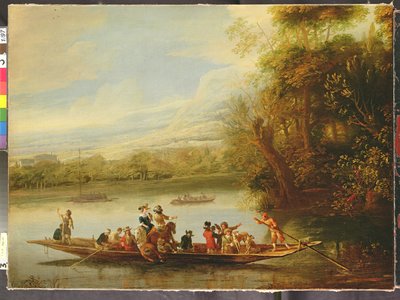 A Landscape with a Crowded Ferry Crossing the Water in the Foreground by Willem Schellinks